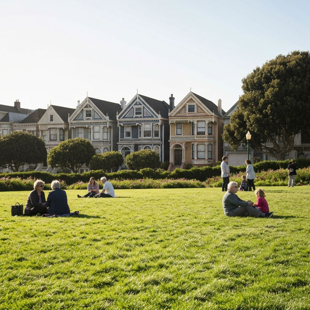Beautiful Alamo Square park with Painted Ladies Victorian houses
