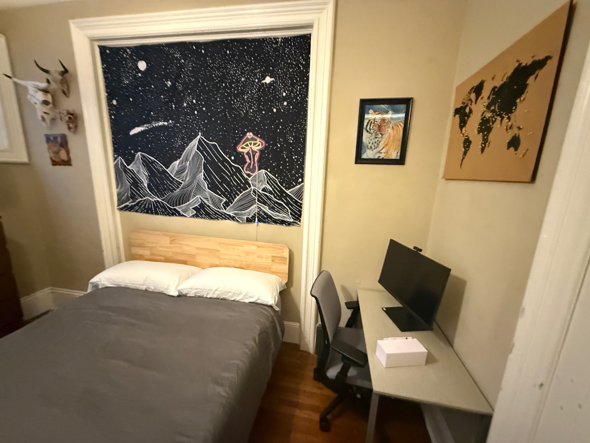 Space mural bedroom with wooden bed and desk