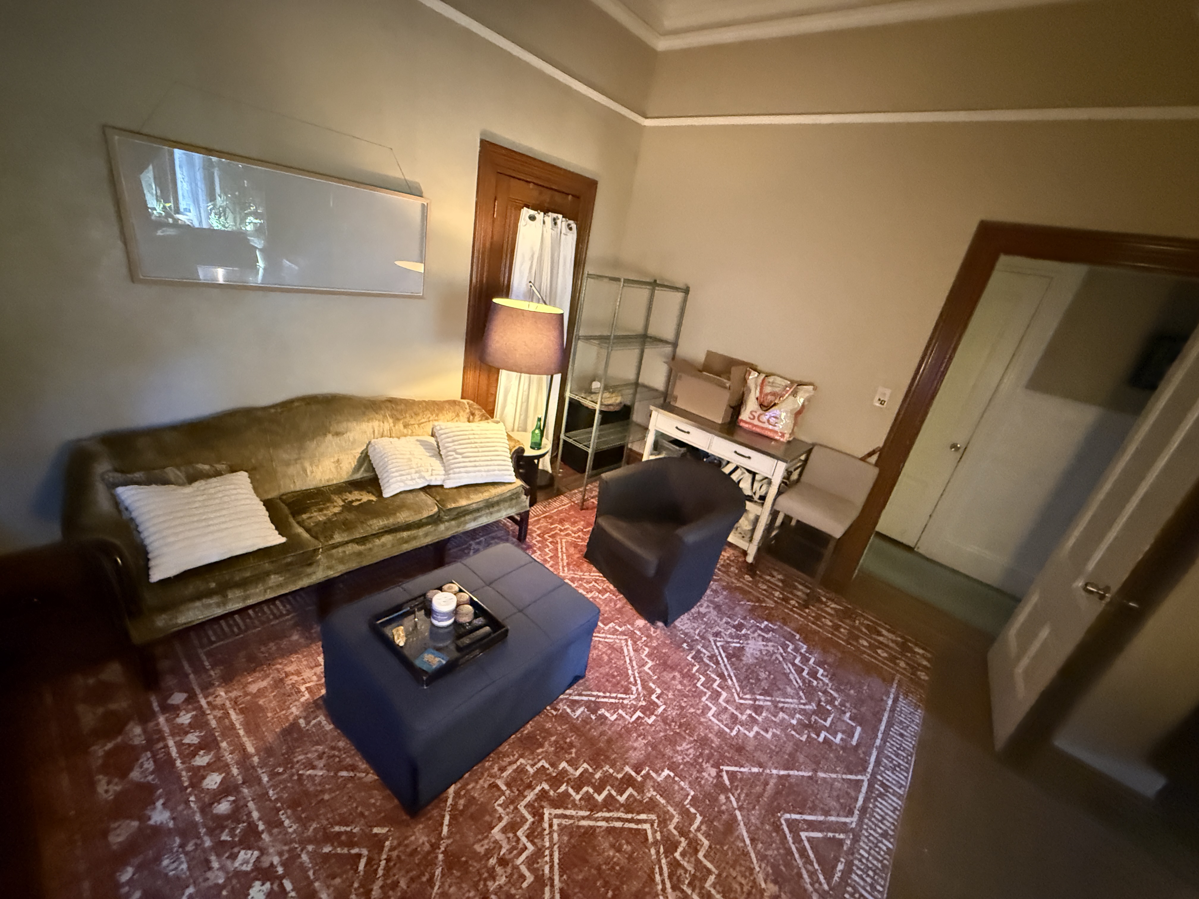Living room with green velvet sofa and blue ottoman